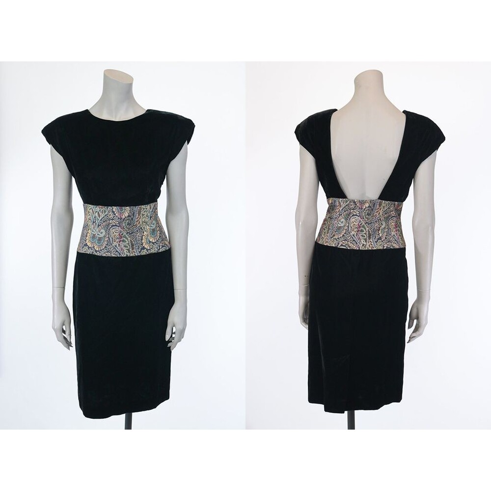 Vintage 1980s 80s Black Velvet and Floral Brocade Backless Cocktail Dress S